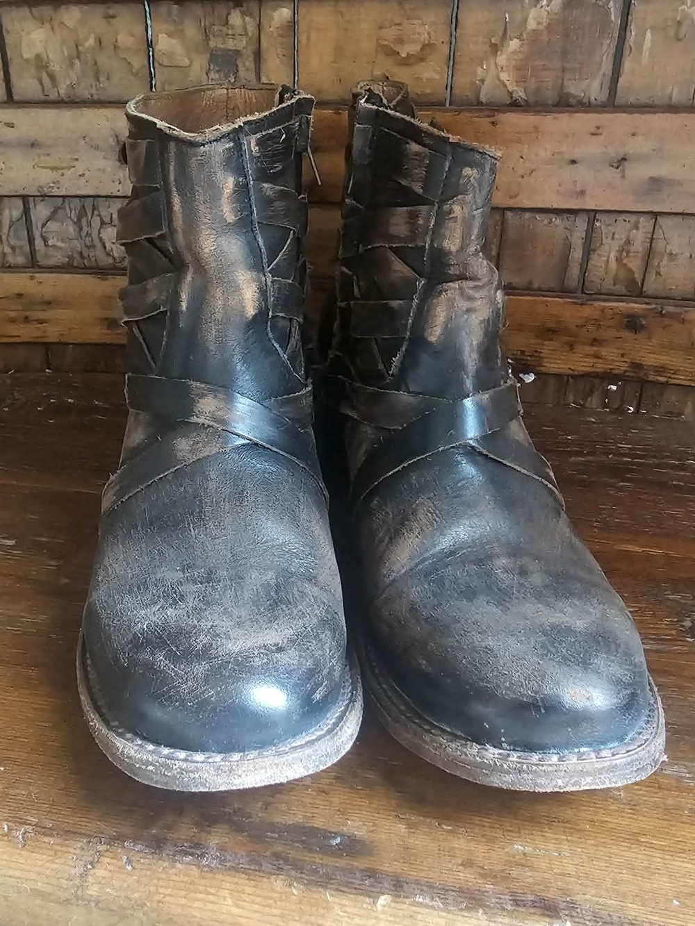 freebird Women's Distressed Black Leather Strap Ankle Boots